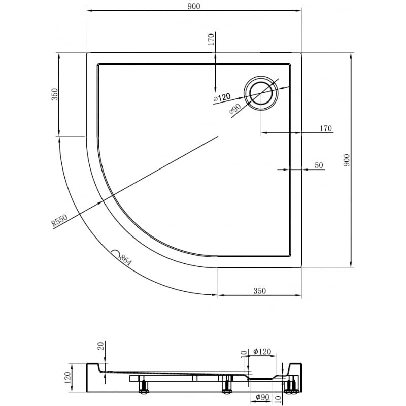 Mexen Flow+ semi-circular shower tray 90 x 90 cm, white gloss - 46Q109090H