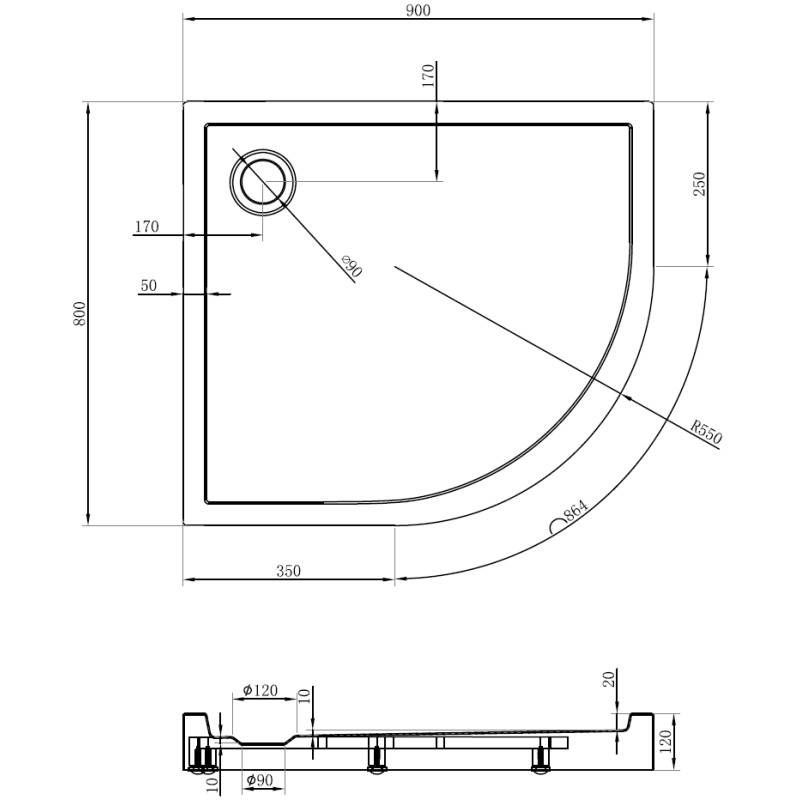 Mexen Flow+ asymmetric semicircular left shower tray 90 x 80 cm, white gloss - 46Q108090LH