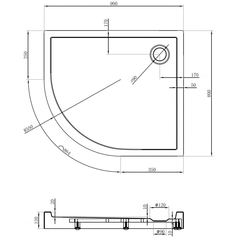 Mexen Flow+ semi-circular asymmetric tray right 90 x 80 cm, black matte - 46Q708090RH