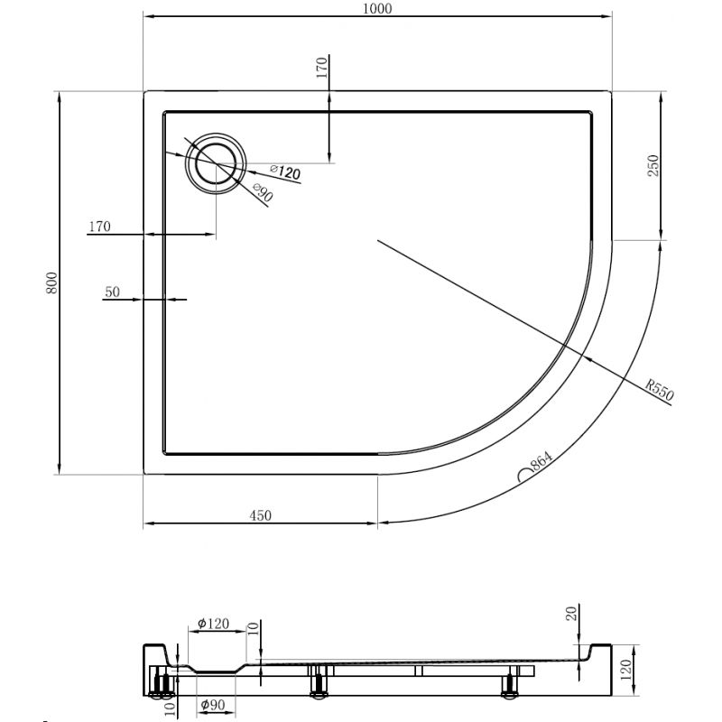 Mexen Flow+ semi-circular asymmetric left shower tray 100 x 80 cm, white gloss - 46Q108010LH