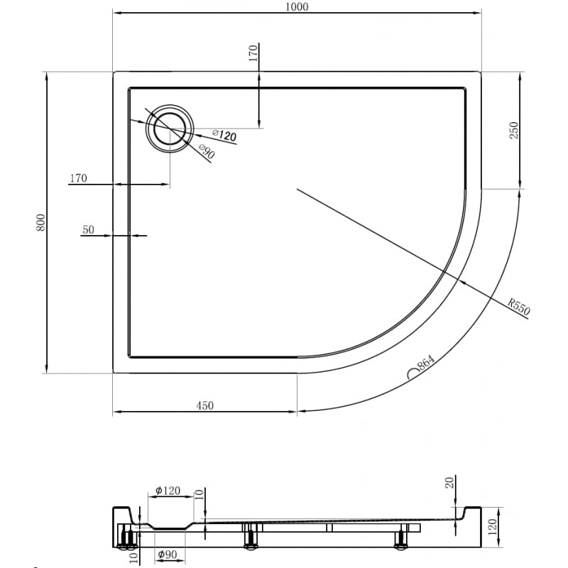 Mexen Flow+ asymmetric semircircular left-hand shower tray 100 x 80 cm, black matte - 46Q708010LH