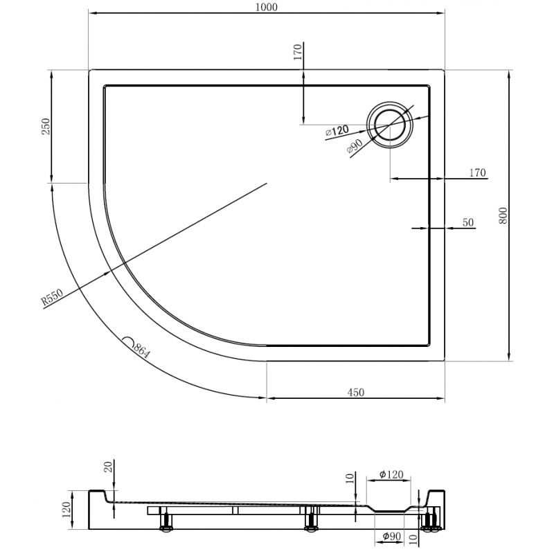 Mexen Flow+ asymmetrical right semi-circular shower tray 100 x 80 cm, black matte - 46Q708010RH