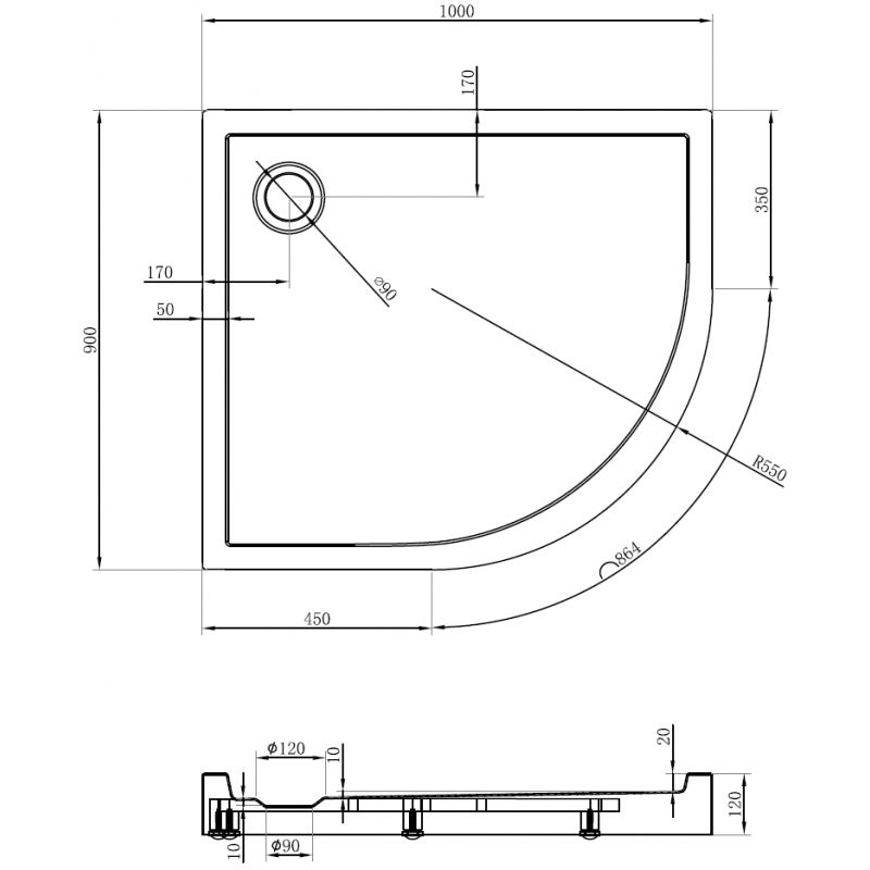 Mexen Flow+ asymmetric left semi-circular shower tray 100 x 90 cm, white gloss - 46Q109010LH