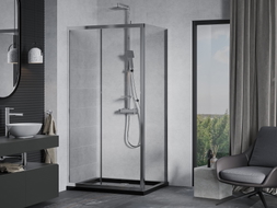 Mexen Apia sliding shower cabin 140 x 70 cm, transparent, chrome + Flat shower tray, black - 840-140-070-01-00-4070