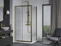 Mexen Apia sliding shower cabin 90 x 70 cm, transparent, gold + Flat shower tray, white - 840-090-070-50-00-4010G