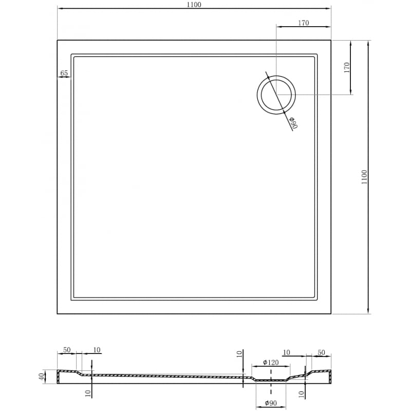 Mexen Flow square shower tray slim 110 x 110 cm, black matte - 46S701111