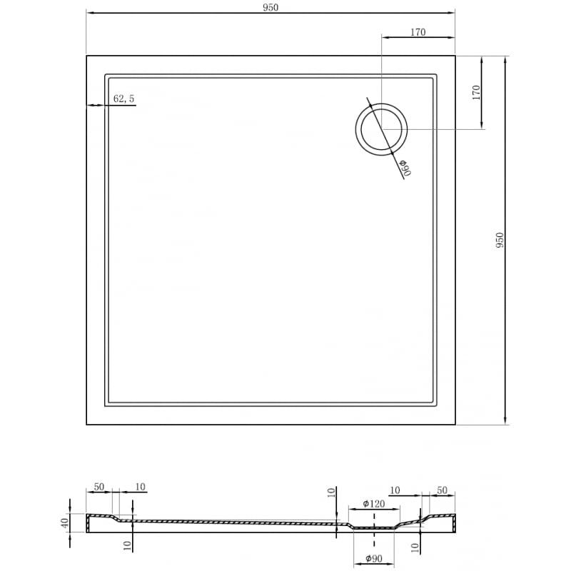 Mexen Flow slim square shower tray 95 x 95 cm, white gloss - 46S109595
