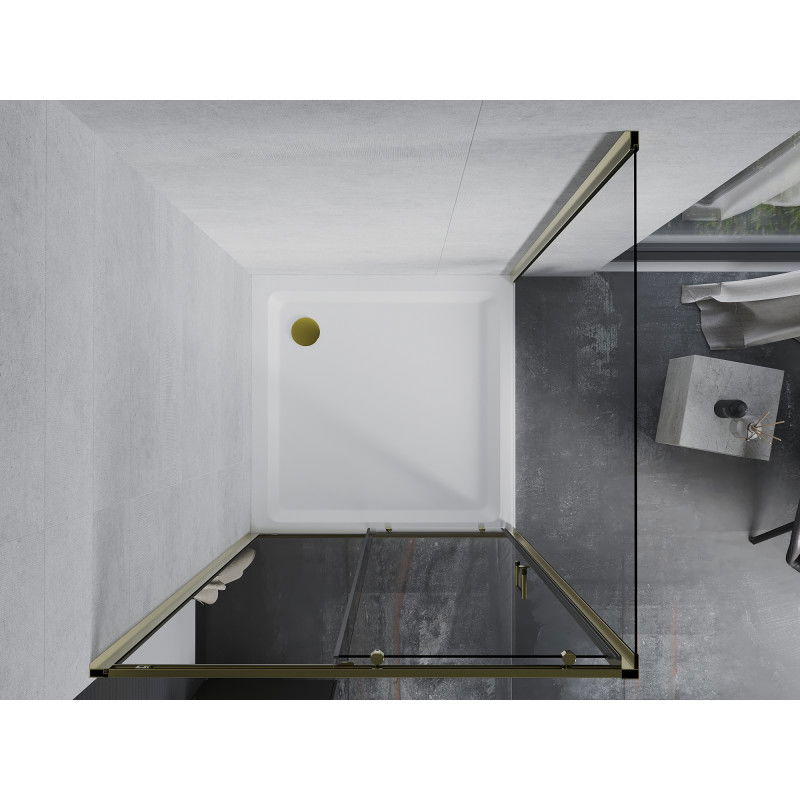 Mexen Apia sliding shower enclosure 90 x 90 cm, transparent, gold + Flat shower tray, white- 840-090-090-50-00-4010G