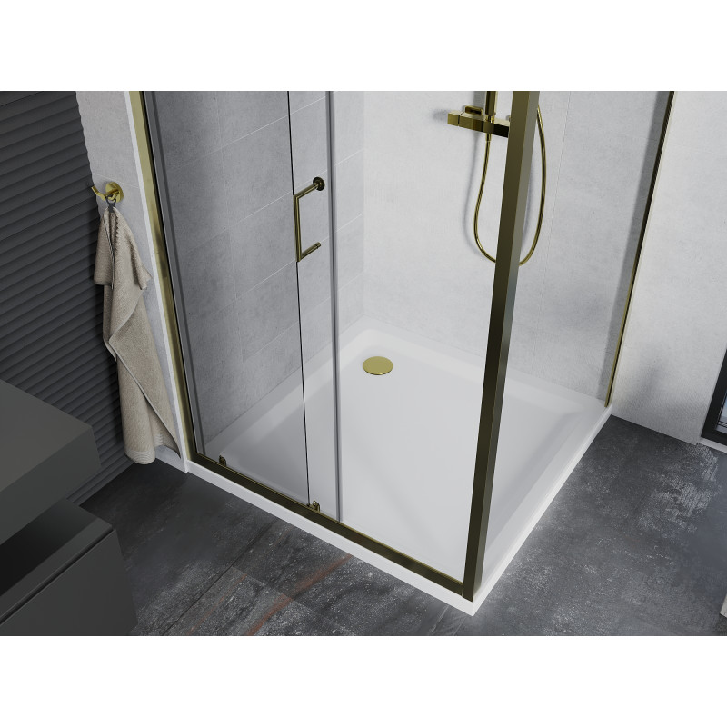 Mexen Apia sliding shower cabin 90 x 90 cm, transparent, gold + Flat shower tray, white - 840-090-090-50-00-4010G
