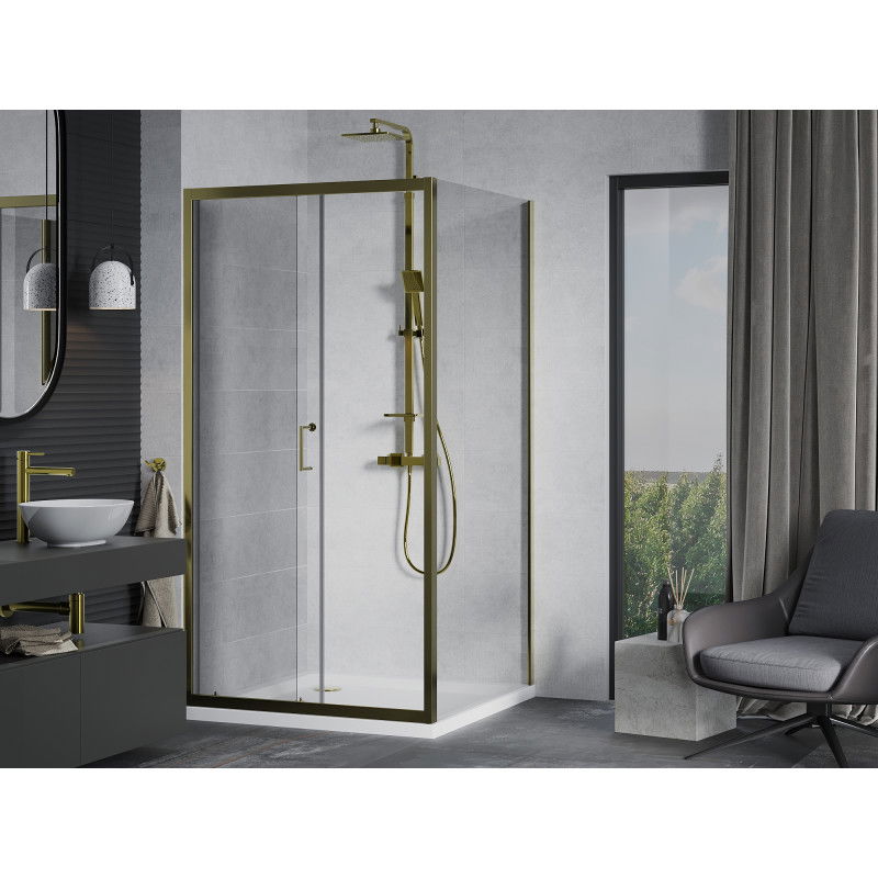 Mexen Apia sliding shower enclosure 90 x 90 cm, transparent, gold + Flat shower tray, white- 840-090-090-50-00-4010G