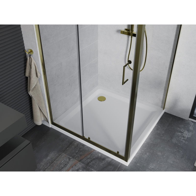 Mexen Apia sliding shower enclosure 90 x 90 cm, transparent, gold + Flat shower tray, white- 840-090-090-50-00-4010G