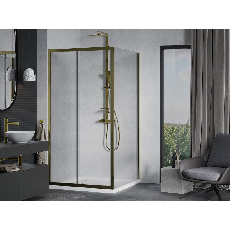 Mexen Apia sliding shower cabin 90 x 90 cm, transparent, gold + Flat shower tray, white - 840-090-090-50-00-4010G