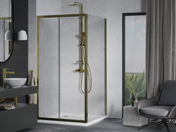 Mexen Apia sliding shower cabin 90 x 90 cm, transparent, gold + Flat shower tray, white - 840-090-090-50-00-4010G