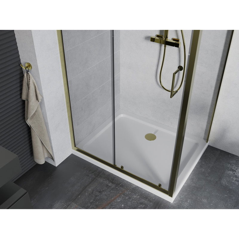 Mexen Apia 90 x 100 cm sliding shower enclosure, transparent, gold + Flat shower tray, white- 840-090-100-50-00-4010G