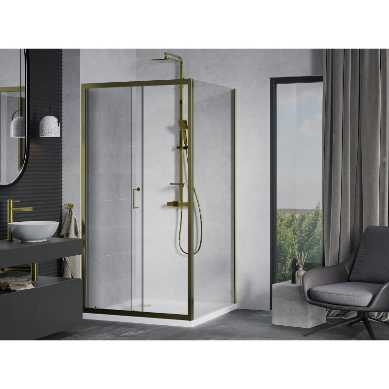 Mexen Apia sliding shower cabin 100 x 100 cm, transparent, gold + Flat tray, white - 840-100-100-50-00-4010G