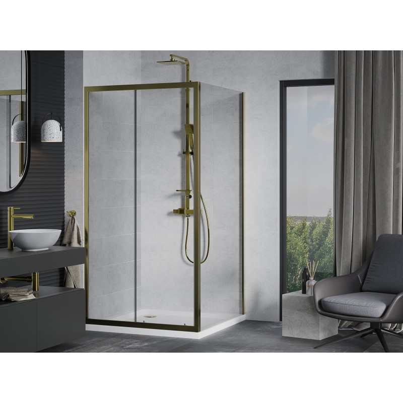 Mexen Apia sliding shower cabin 100 x 100 cm, transparent, gold + Flat shower tray, white - 840-100-100-50-00-4010G