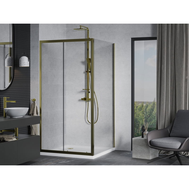 Mexen Apia sliding shower enclosure 100 x 100 cm, transparent, gold + Flat tray, white - 840-100-100-50-00-4010G