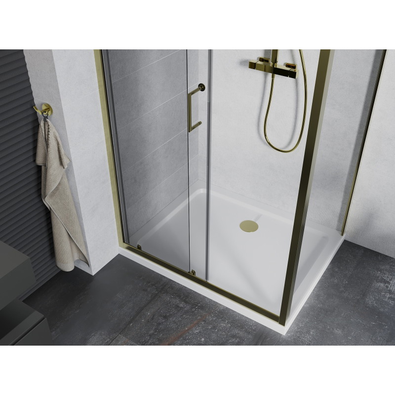 Mexen Apia sliding shower enclosure 110 x 80 cm, transparent, gold + Flat shower tray, white - 840-110-080-50-00-4010G