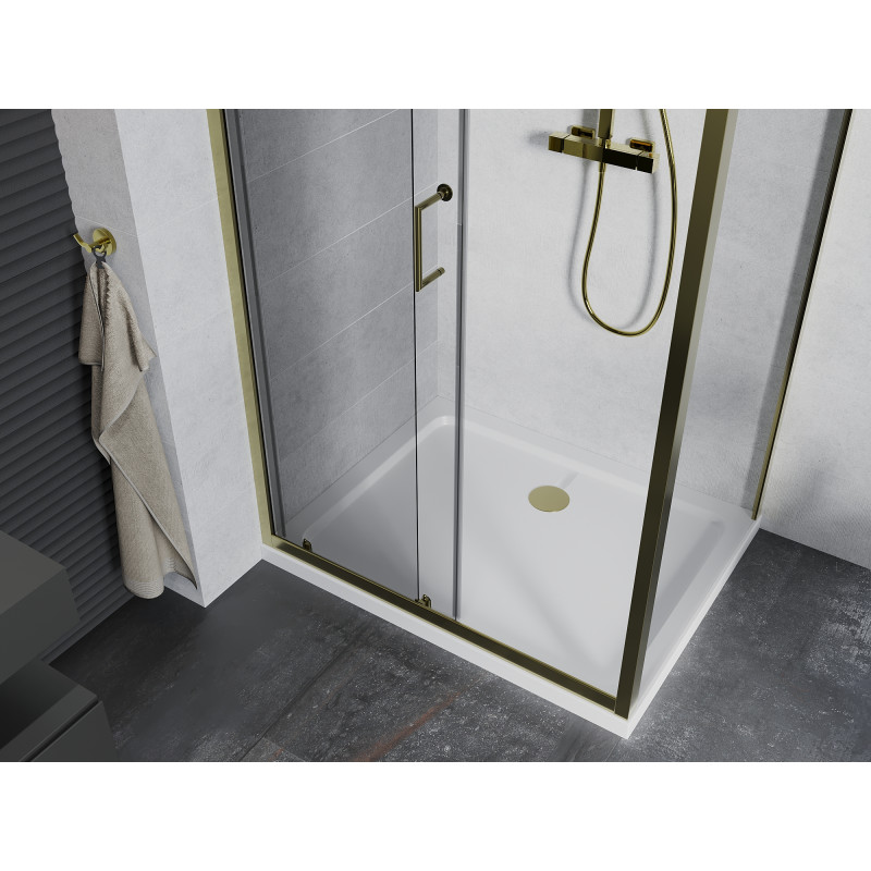 Mexen Apia sliding shower cabin 110 x 90 cm, transparent, gold + Flat tray, white - 840-110-090-50-00-4010G