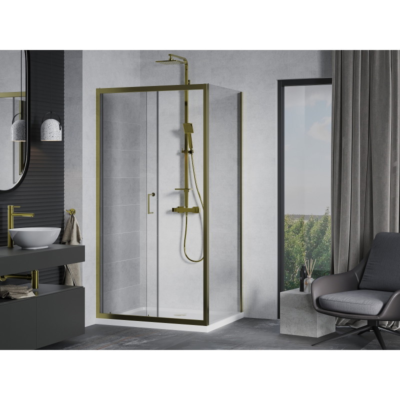 Mexen Apia sliding shower cabin 110 x 100 cm, transparent, gold + Flat shower tray, white - 840-110-100-50-00-4010G