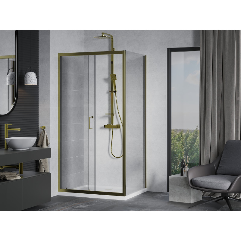 Mexen Apia sliding shower cabin 130 x 90 cm, transparent, gold + Flat shower tray, white - 840-130-090-50-00-4010G