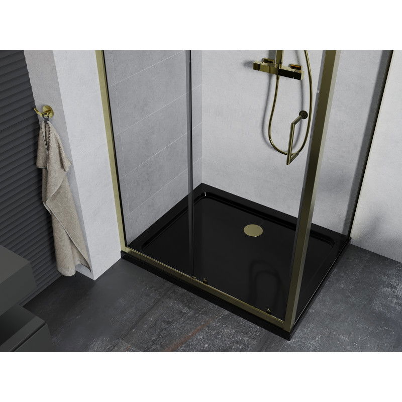 Mexen Apia sliding shower enclosure 90 x 70 cm, transparent, gold + Flat tray, black - 840-090-070-50-00-4070G