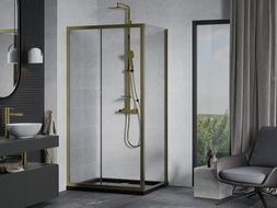 Mexen Apia sliding shower cabin 90 x 70 cm, transparent, gold + Flat shower tray, black - 840-090-070-50-00-4070G