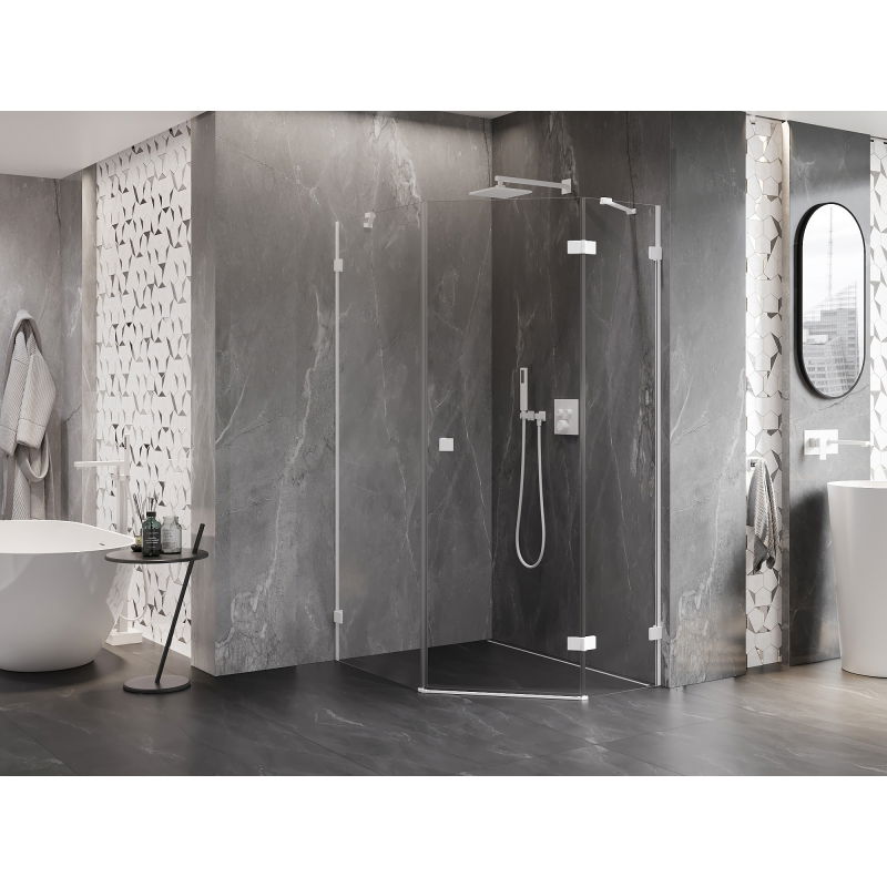 Mexen Lunar pentagonal right-hinged shower enclosure 80 x 90 cm, transparent, white - 831-080P-090L-20-00-P