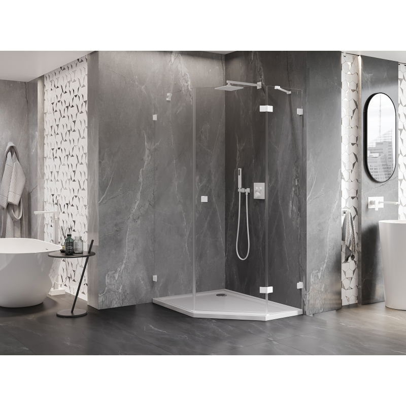Mexen Lunar Pentagonal Right-Swing Shower Enclosure 80 x 100 cm, Transparent, White - 831-080P-100L-20-00-P
