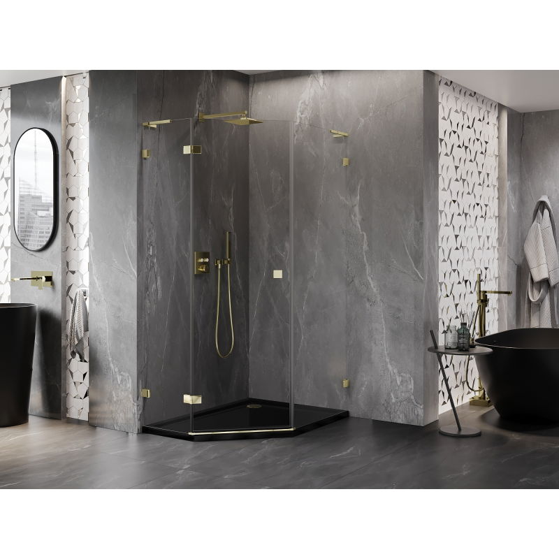 Mexen Lunar L pentagonal left-hand hinged shower enclosure 90 x 100 cm, transparent, gold - 831L-090L-100P-50-00-L