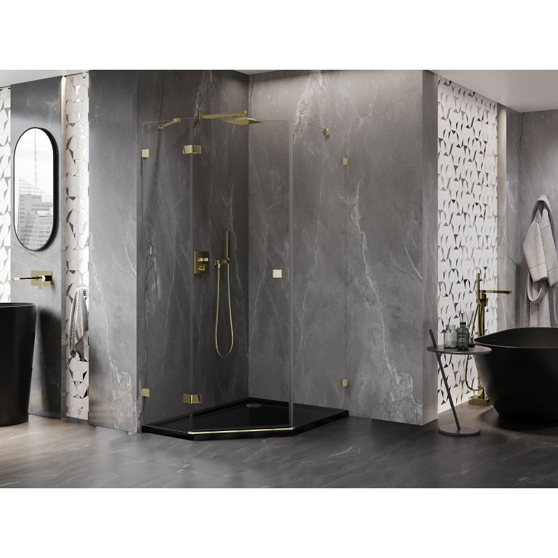 Mexen Lunar pentagonal left-hinged shower cabin 80 x 90 cm, transparent, gold - 831-080L-090P-50-00-L