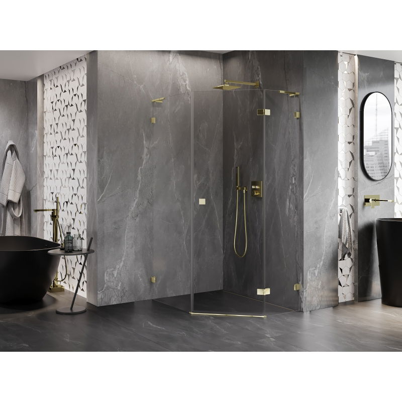 Mexen Lunar L pentagonal shower enclosure, right hinged, 80 x 90 cm, transparent, gold - 831L-080P-090L-50-00-P
