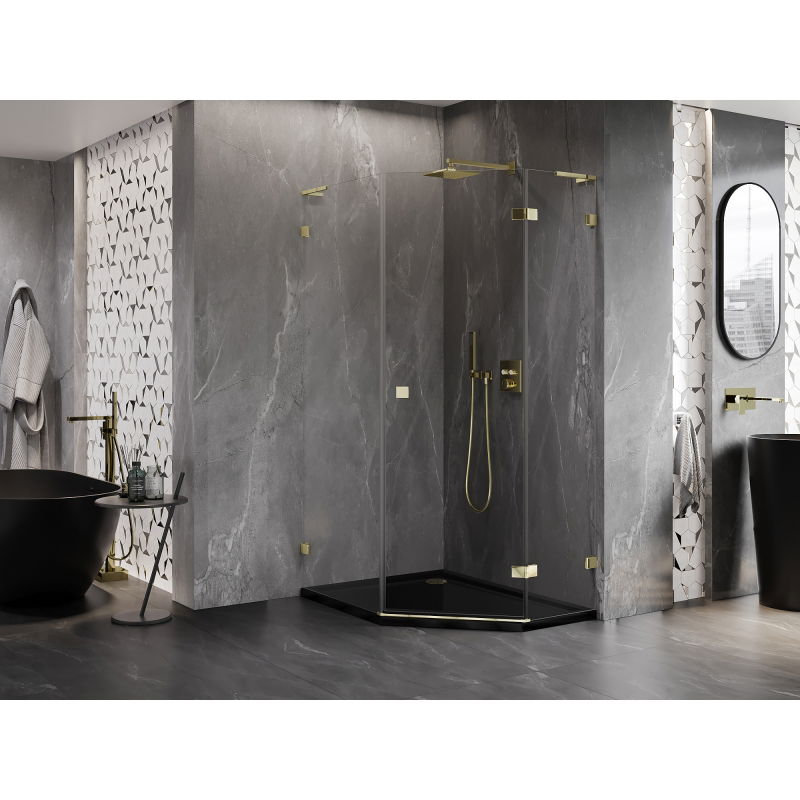 Mexen Lunar L pentagonal right-hinged shower cabin 80 x 100 cm, transparent, gold - 831L-080P-100L-50-00-P