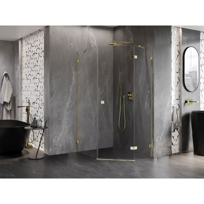 Mexen Lunar Pentagonal Right-Swing Shower Enclosure 90 x 100 cm, Transparent, Gold - 831-090P-100L-50-00-P