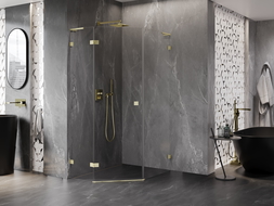 Mexen Lunar L pentagonal shower enclosure, left hinged 80 x 90 cm, transparent, brushed gold - 831L-080L-090P-55-00-L