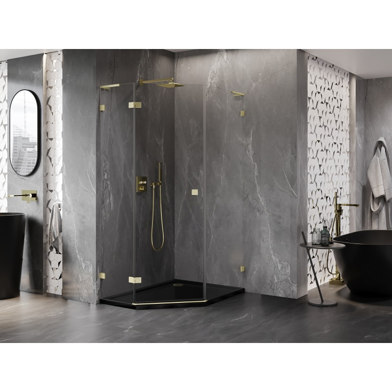 Mexen Lunar L pentagonal shower enclosure hinged left 80 x 100 cm, transparent, brushed gold - 831L-080L-100P-55-00-L