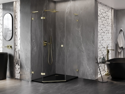 Mexen Lunar L pentagonal shower enclosure hinged left 80 x 100 cm, transparent, brushed gold - 831L-080L-100P-55-00-L