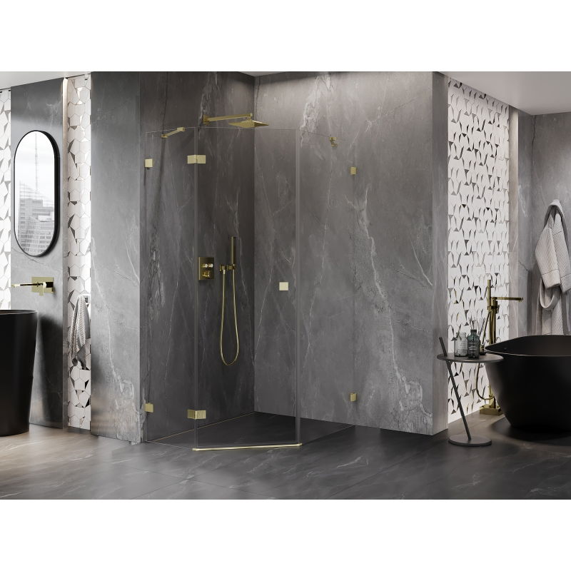 Mexen Lunar pentagonal shower enclosure swing left 80 x 90 cm, transparent, brushed gold - 831-080L-090P-55-00-L