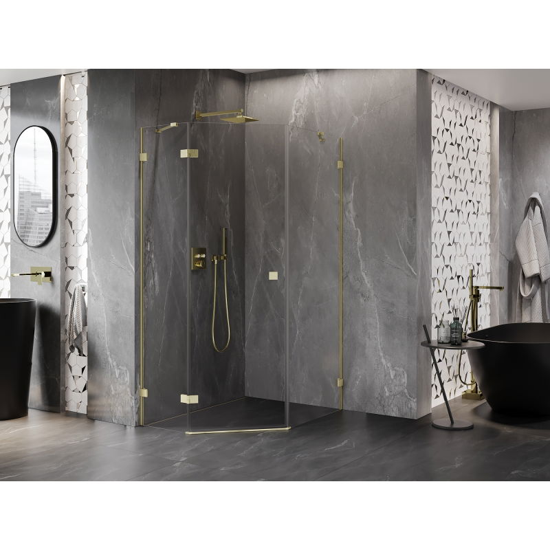 Mexen Lunar pentagonal left-hinged shower enclosure 90 x 100 cm, transparent, brushed gold - 831-090L-100P-55-00-L