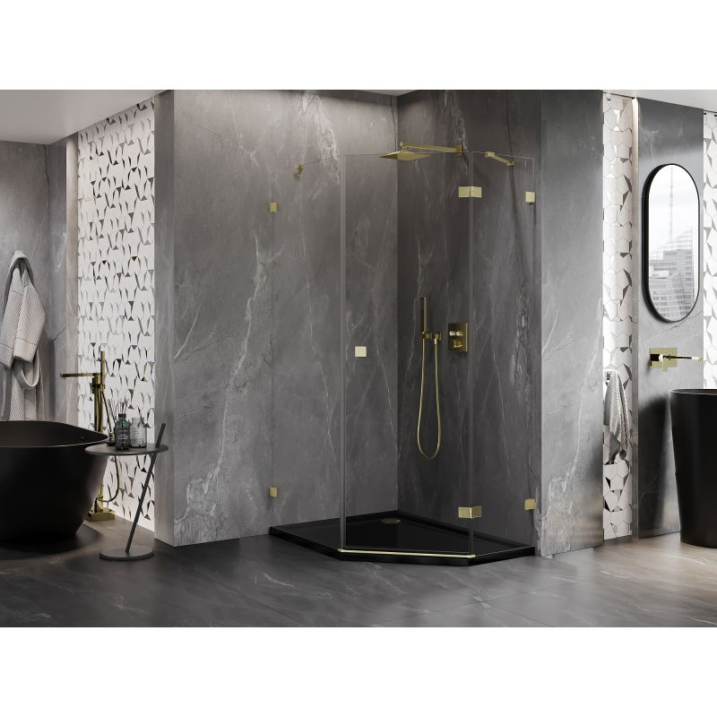Mexen Lunar pentagonal right-hinged shower enclosure 80 x 100 cm, transparent, brushed gold - 831-080P-100L-55-00-P