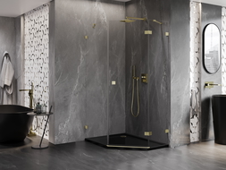 Mexen Lunar pentagonal right hinged shower cabin 90 x 100 cm, transparent, brushed gold - 831-090P-100L-55-00-P