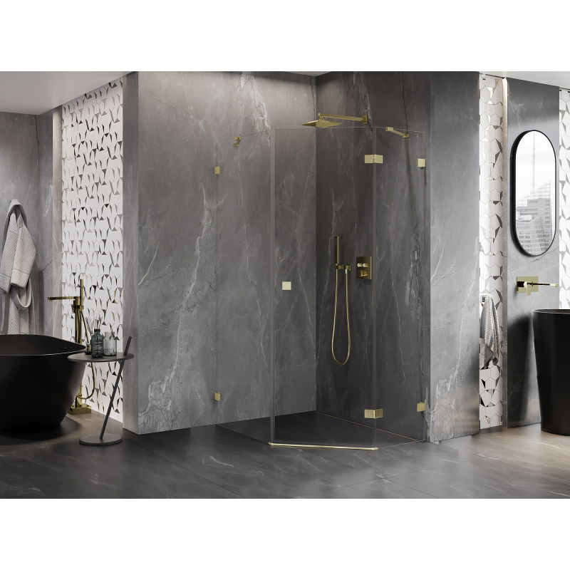 Mexen Lunar pentagonal right hinged shower cabin 90 x 100 cm, transparent, brushed gold - 831-090P-100L-55-00-P