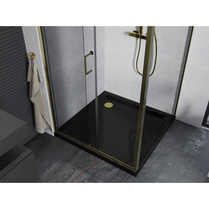 Mexen Apia sliding shower enclosure 100 x 100 cm, transparent, gold + Flat tray, black - 840-100-100-50-00-4070G