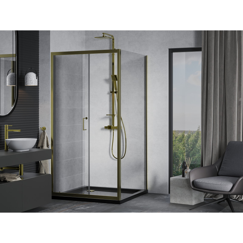 Mexen Apia sliding shower cabin 100 x 100 cm, transparent, gold + Flat tray, black - 840-100-100-50-00-4070G