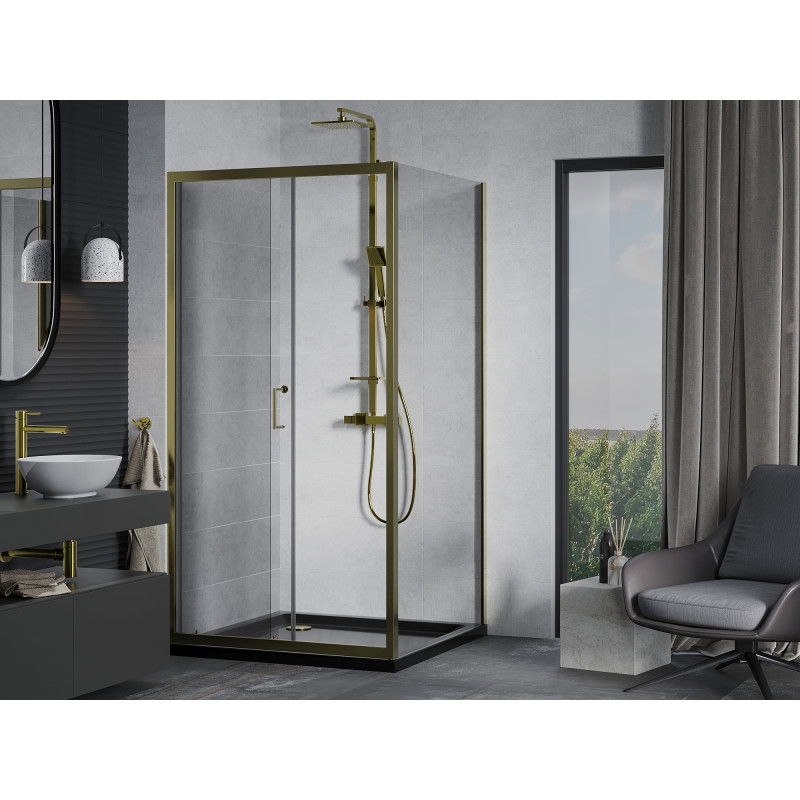 Mexen Apia sliding shower enclosure 100 x 100 cm, transparent, gold + Flat tray, black - 840-100-100-50-00-4070G