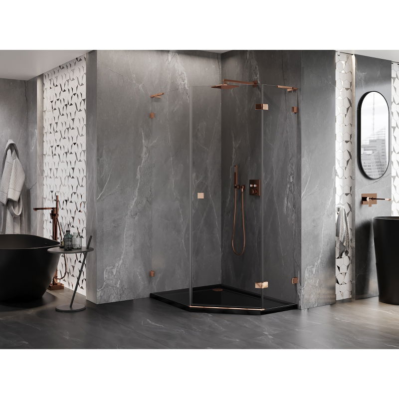 Mexen Lunar L pentagonal right-hinged shower enclosure 80 x 90 cm, transparent, rose gold - 831L-080P-090L-60-00-P