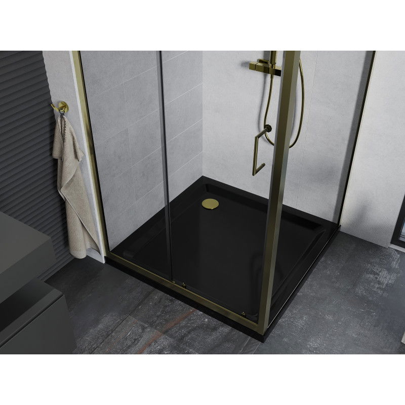 Mexen Apia sliding shower enclosure 100 x 100 cm, transparent, gold + Flat tray, black - 840-100-100-50-00-4070G