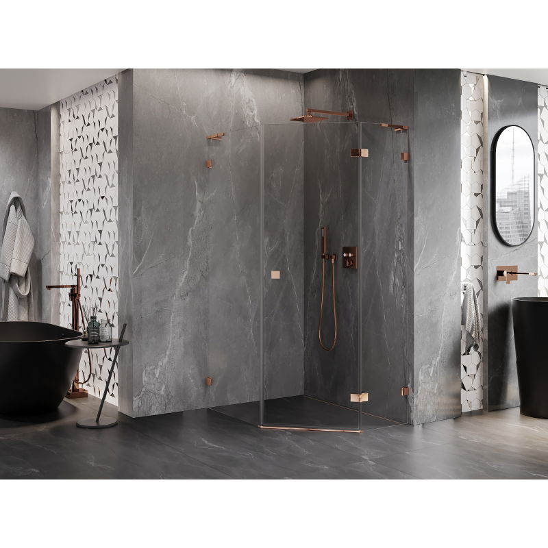 Mexen Lunar L pentagonal right-hinged shower enclosure 80 x 90 cm, transparent, rose gold - 831L-080P-090L-60-00-P