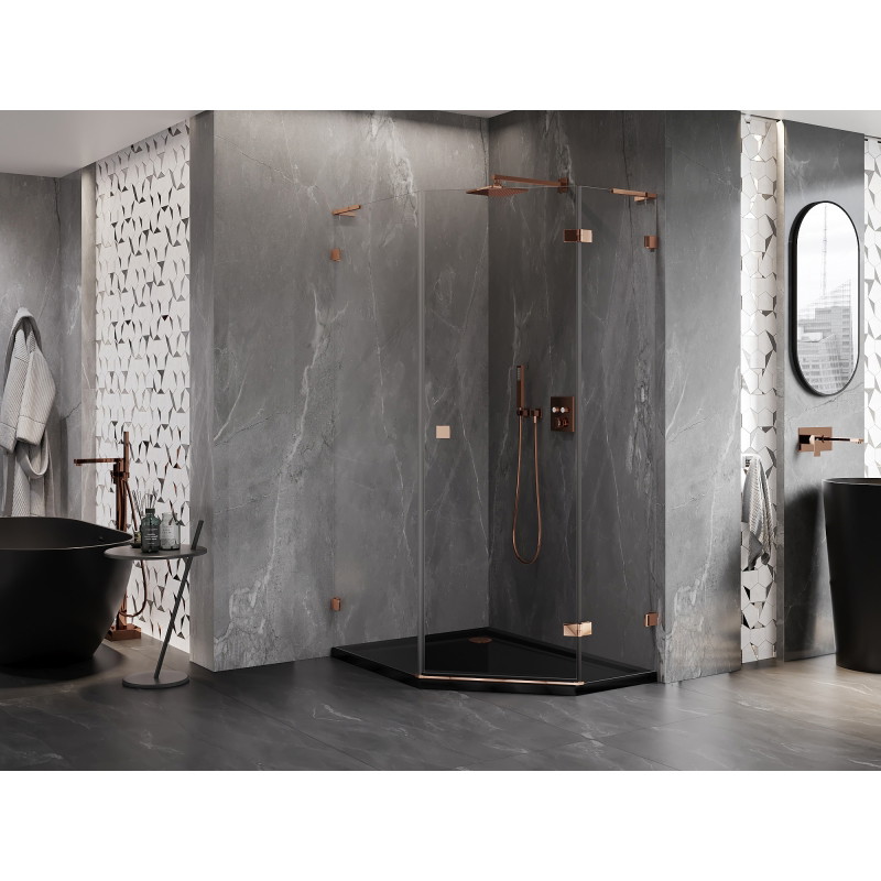 Mexen Lunar L right-side hinged pentagonal shower cabin 80 x 100 cm, transparent, rose gold - 831L-080P-100L-60-00-P