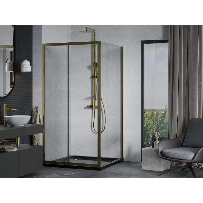 Mexen Apia sliding shower cabin 100 x 100 cm, transparent, gold + Flat tray, black - 840-100-100-50-00-4070G